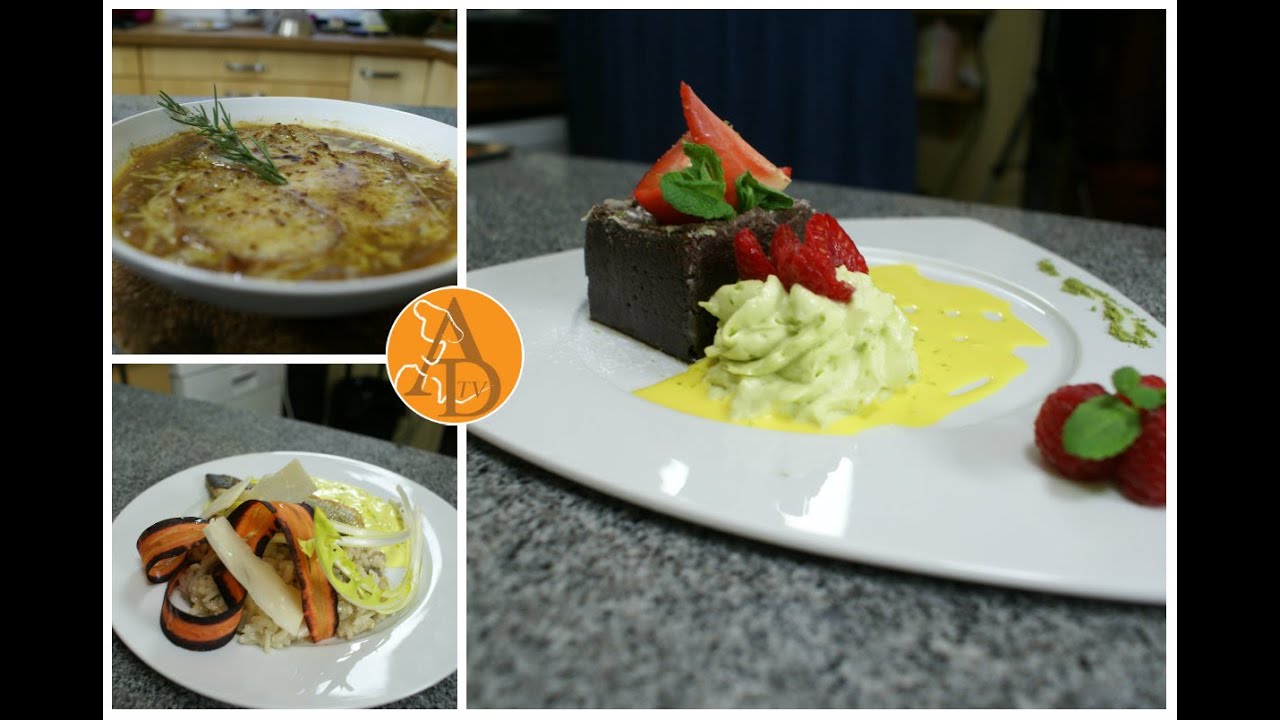 Soupe à l'oignon|Filet de Bar Risotto aux champignons|Cube Chocolat et Espuma d'avocat