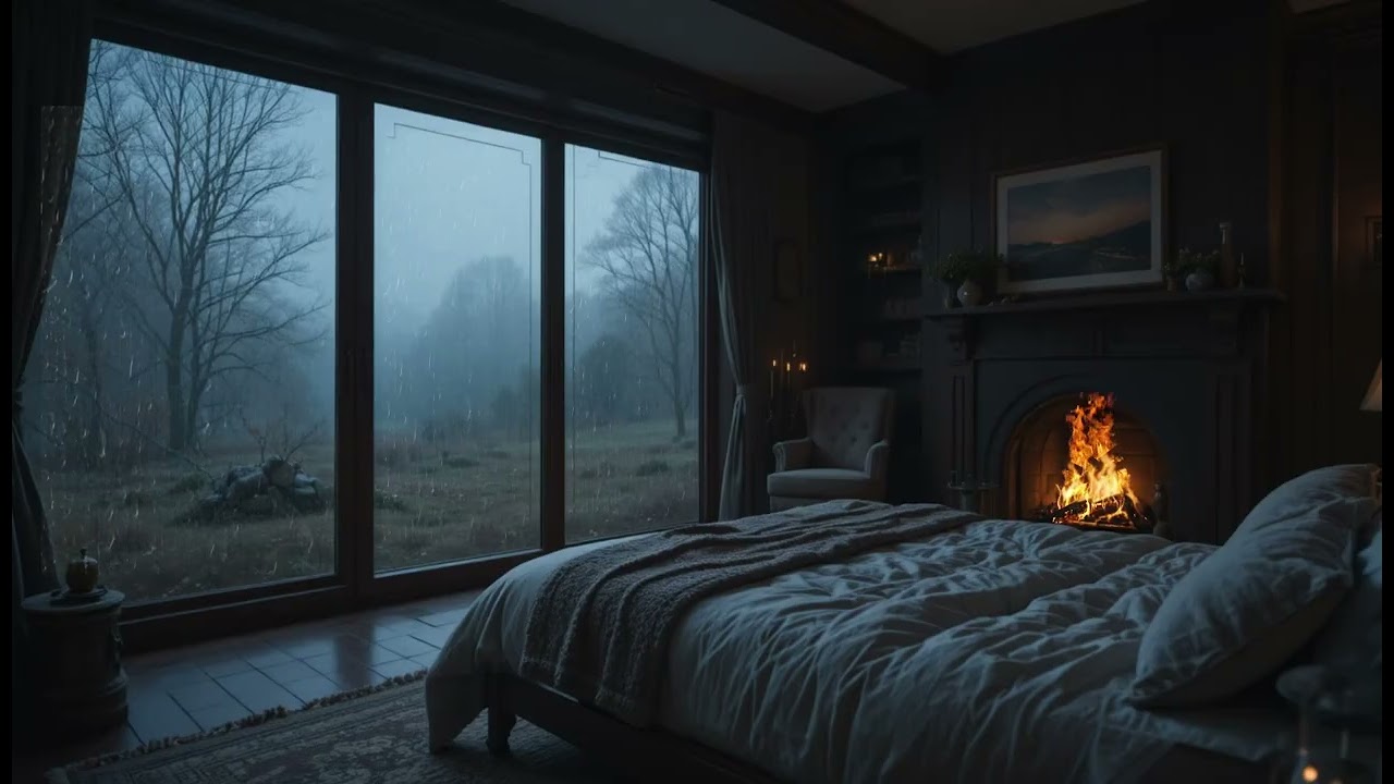 Fireplace in a Mountain Bedroom ASMR | Dark Night, Foggy Outside, Relaxing Ambience