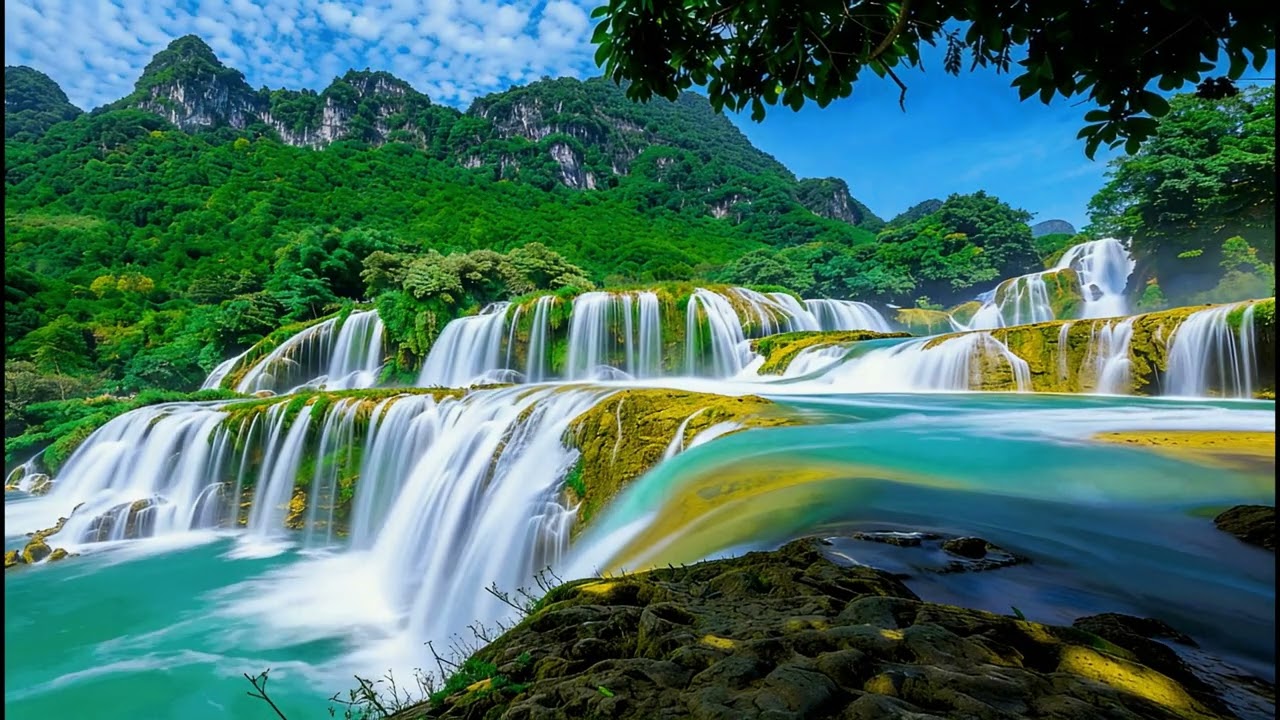 8 Hour Nature Escape | Cascading Waterfall with Chirping Birds & Bee Buzzing