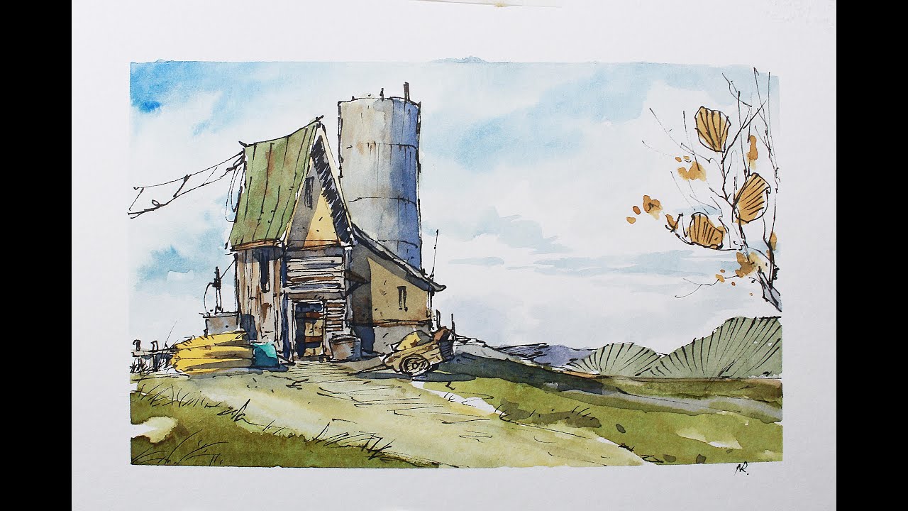 Old Farm in Line and Wash Full Real Time Drawing and paint By Nil Rocha