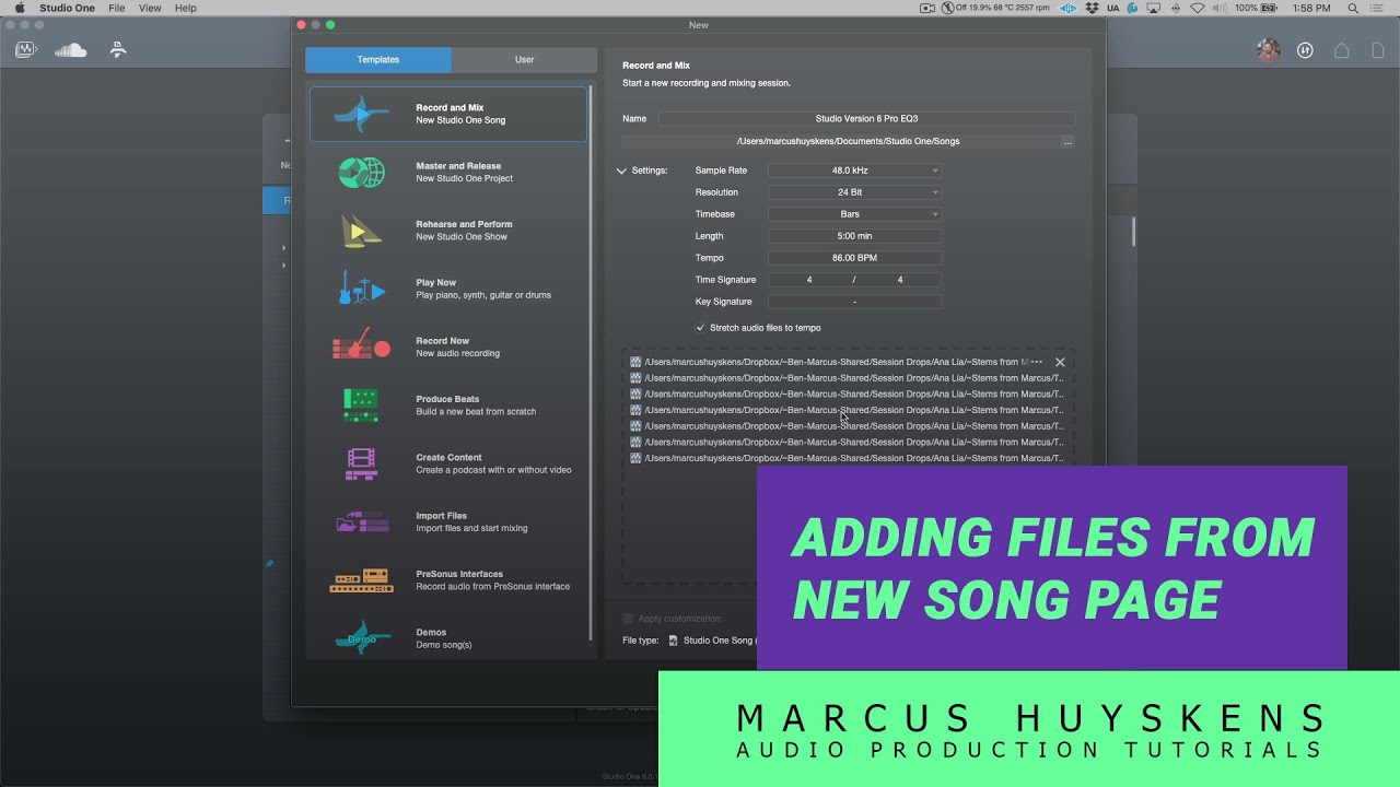 Adding Files to a Song directly from the New Song Page in PreSonus Studio One 6