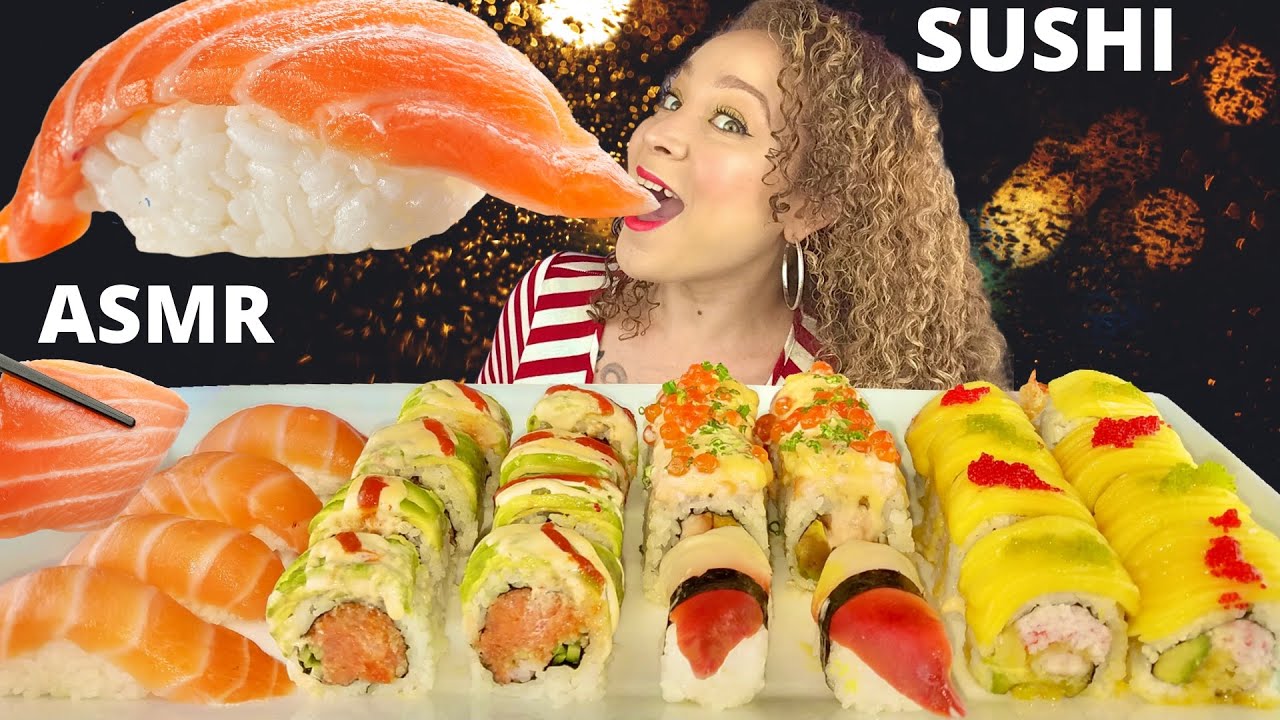 ASMR SUSHI PLATTER| RAW SALMON KING, SALMON NIGIRI, MANGO ROLL, CLAM, BUFFALO ROLL| SUSHI MUKBANG