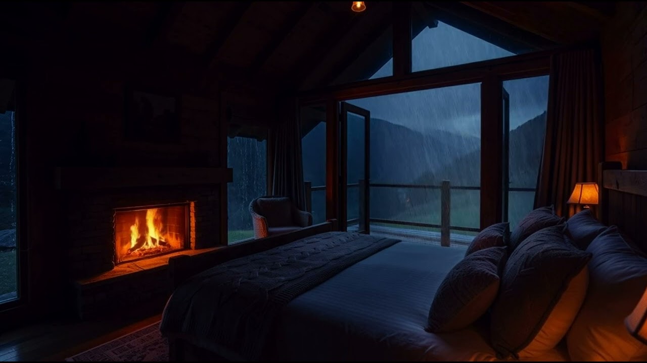 Heavy Rain Sounds for Sleep | Cozy Cabin Fireplace Ambience