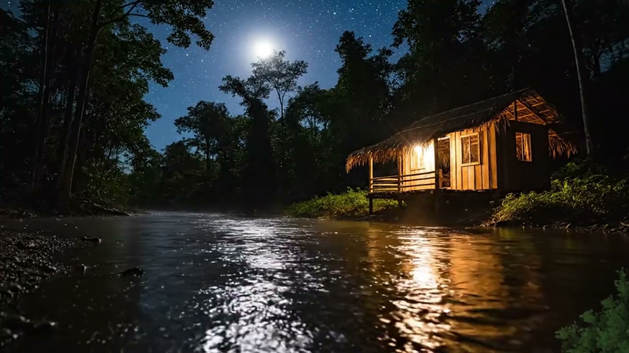 Calm Your Mind Tonight 🌙 Piano & River Sounds in a Cozy Forest Cabin