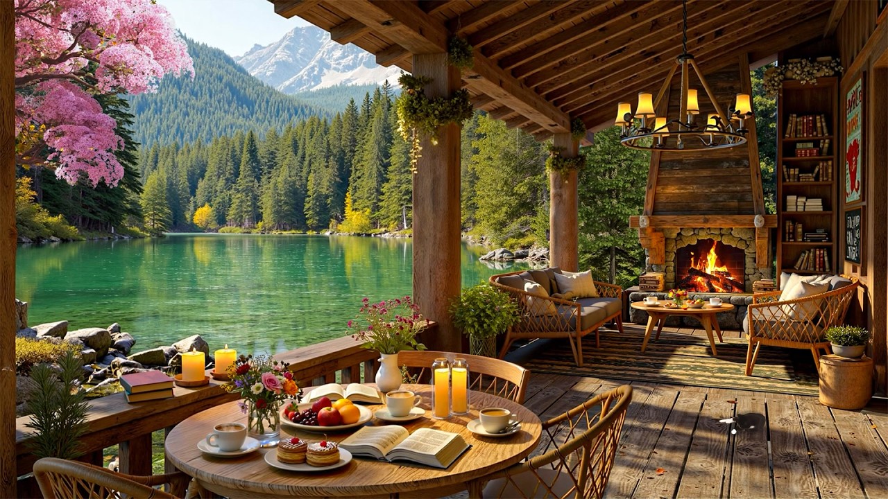Cozy Spring Lakeside Cabin Café Porch ☕ Morning Jazz in Nature for Relaxation & Positive Energy 🌸