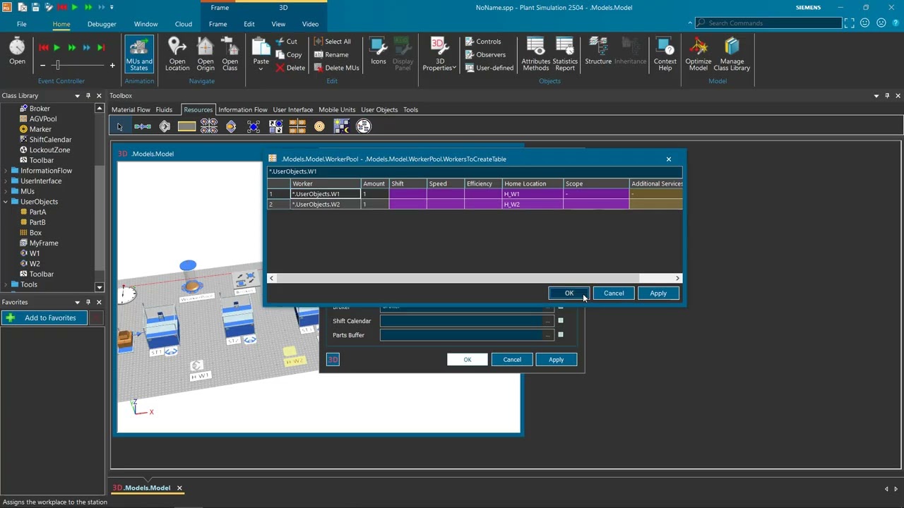 Worker Move Part to next Station and different Home Location | Tecnomatix Plant Simulation | English