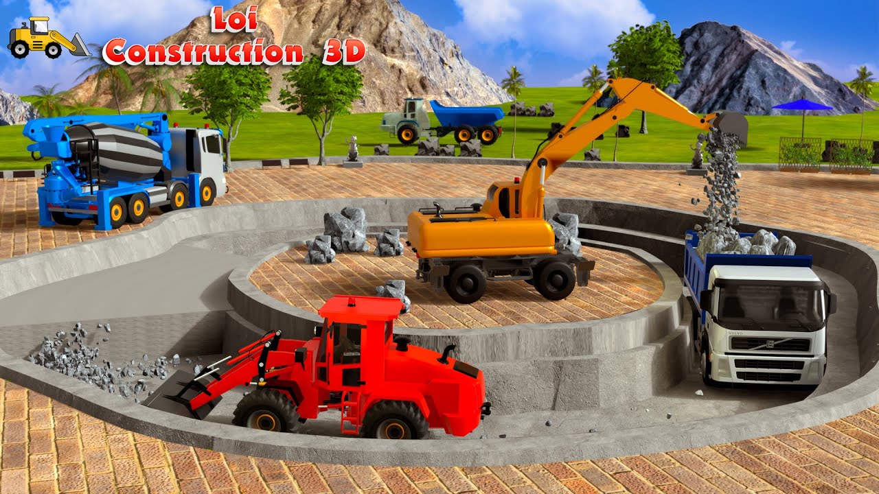 How to Build a Park with Excavators, Dump Trucks & Cement Mixers | 3D Construction Animation