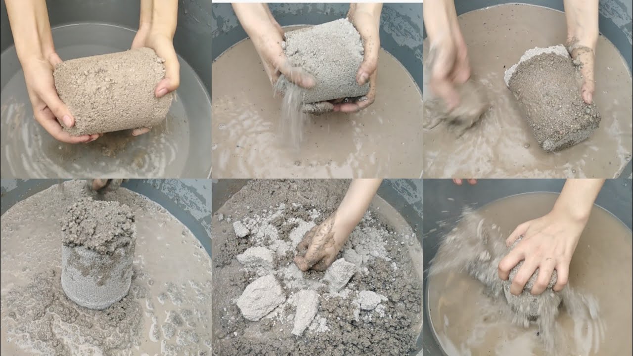 Asmr Super gritty sand cement crumbles+whole crush+bopping+dipping+punching in water
