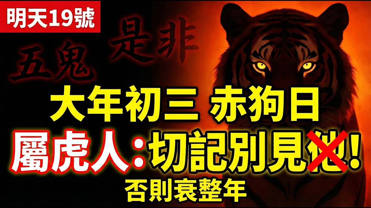 【緊急提醒】屬虎人，明天19號，大年初三是赤狗日，你「最忌諱」見這個人，否則犯了「五鬼」一整年小人纏身！#屬虎2026運勢 #大年初三 #赤狗日 #犯小人 #化解五鬼 #2026生肖虎運勢 #開運