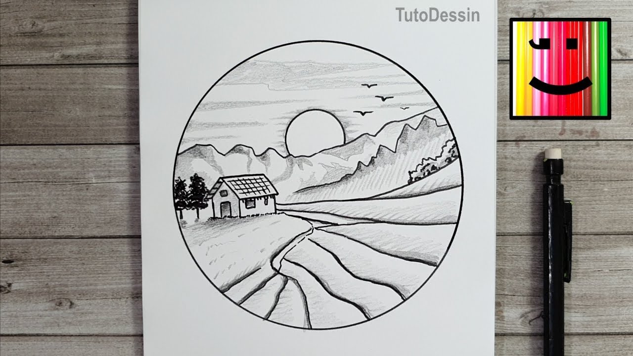Dessin facile : maison dans une vallée avec montagnes et coucher de soleil