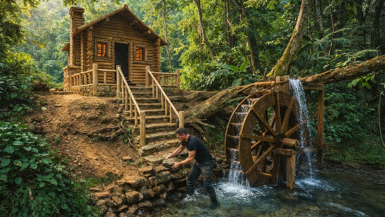 I Built a Complete Log Cabin and Survived in the Wild. Water turbine, Bushcraft