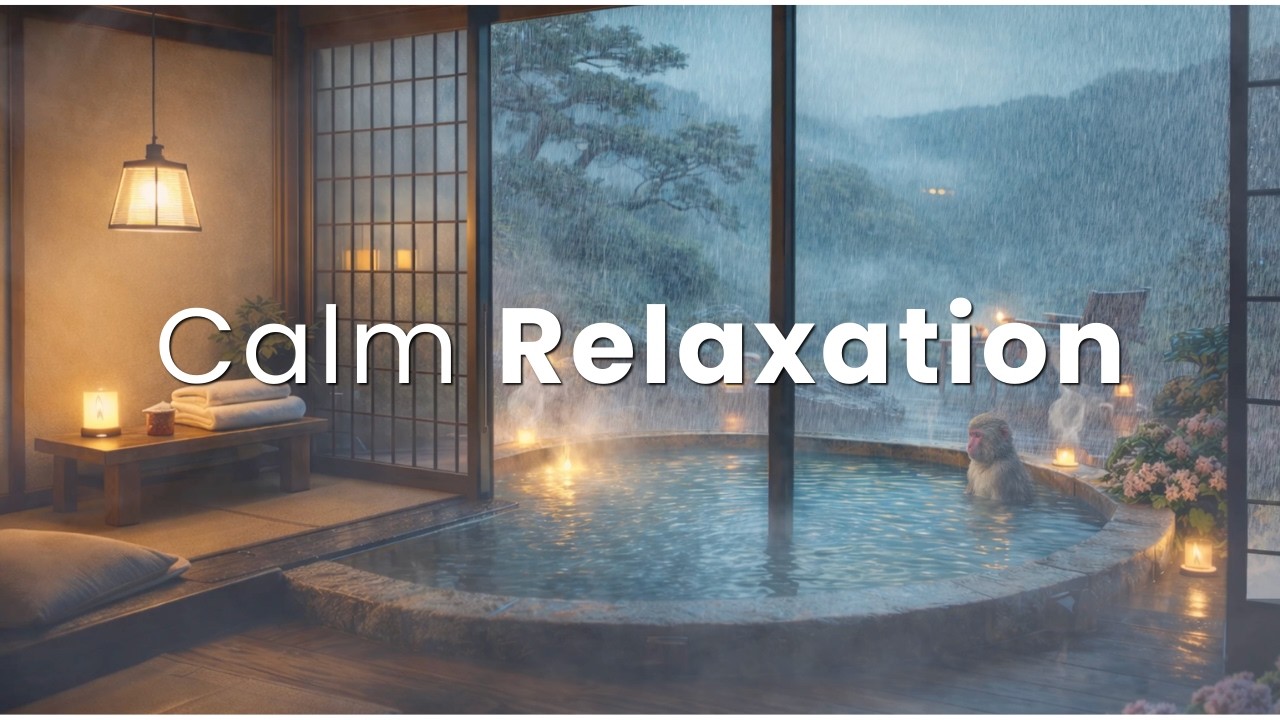 Rainy Japanese Onsen (4K) | Peaceful Ambient Music for Sleep, Study & Meditation