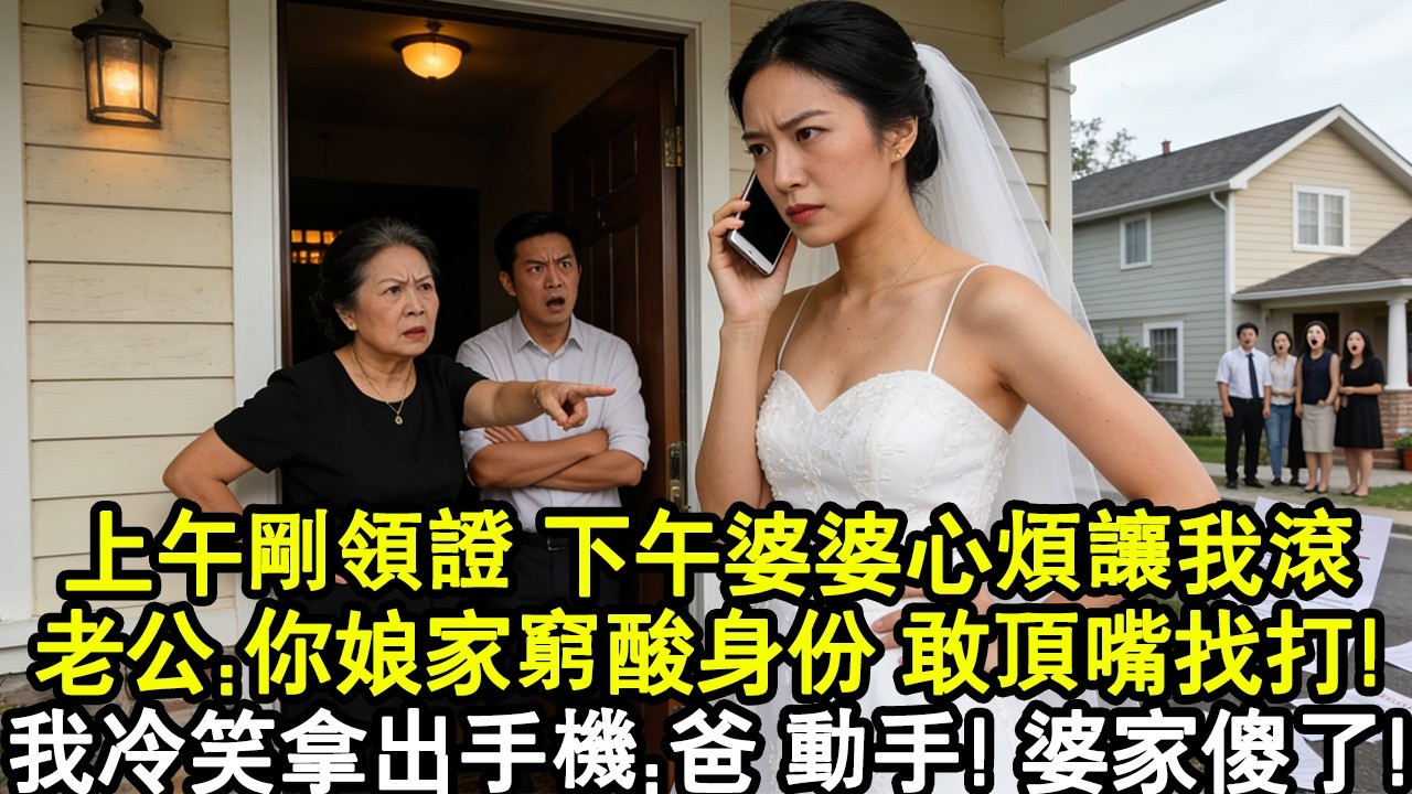 上午剛領證，下午婆婆心煩讓我滾，老公幫腔把我趕出家門：你娘家窮酸身份，敢頂嘴找打，罰你跪門外一晚給媽賠罪！我冷笑拿出手機：爸，您動手吧！10分鐘後婆家破產全傻了！#家庭故事 #生活經驗 #為人處世