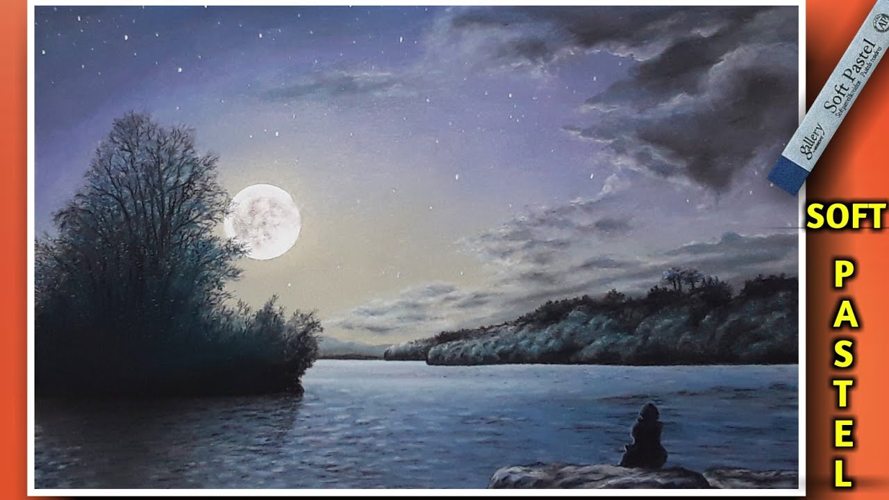 Beautiful Moonlight Night Scenery Painting | Soft Pastel Drawing Moonlight