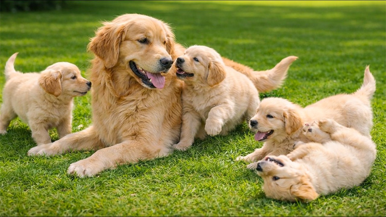 The puppies happily play with their mother in the meadow - Dog barking sounds - Dog videos