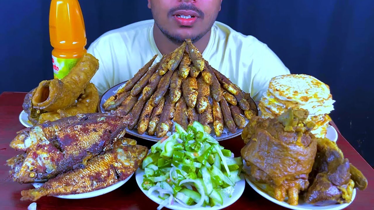 Eating Spicy Small Fish Fry,Hilsa Fish Fry,Mutton Nick Kosha,Beef Airway,Egg With Rice | Asmr Show