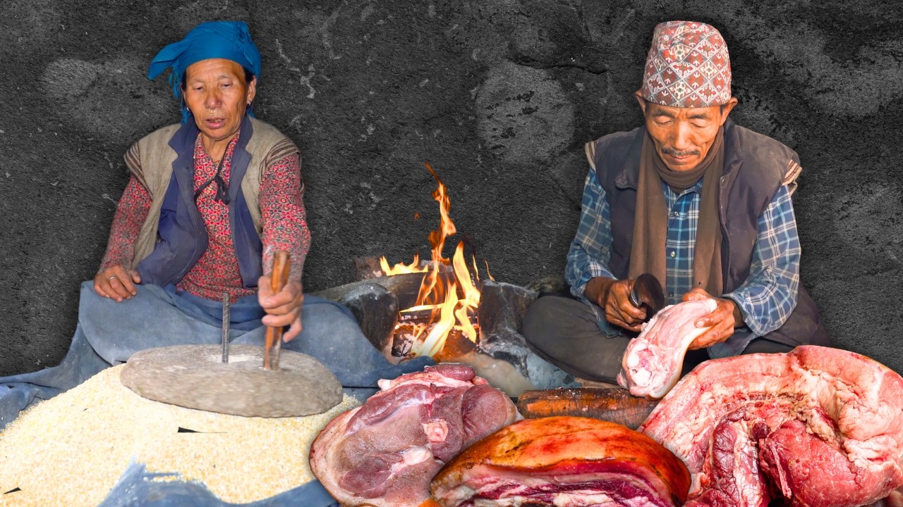 Rainy Day Village Life | Grinding Corn & Pork Curry Cooking on Wood Fire | Rural Kitchen Nepal