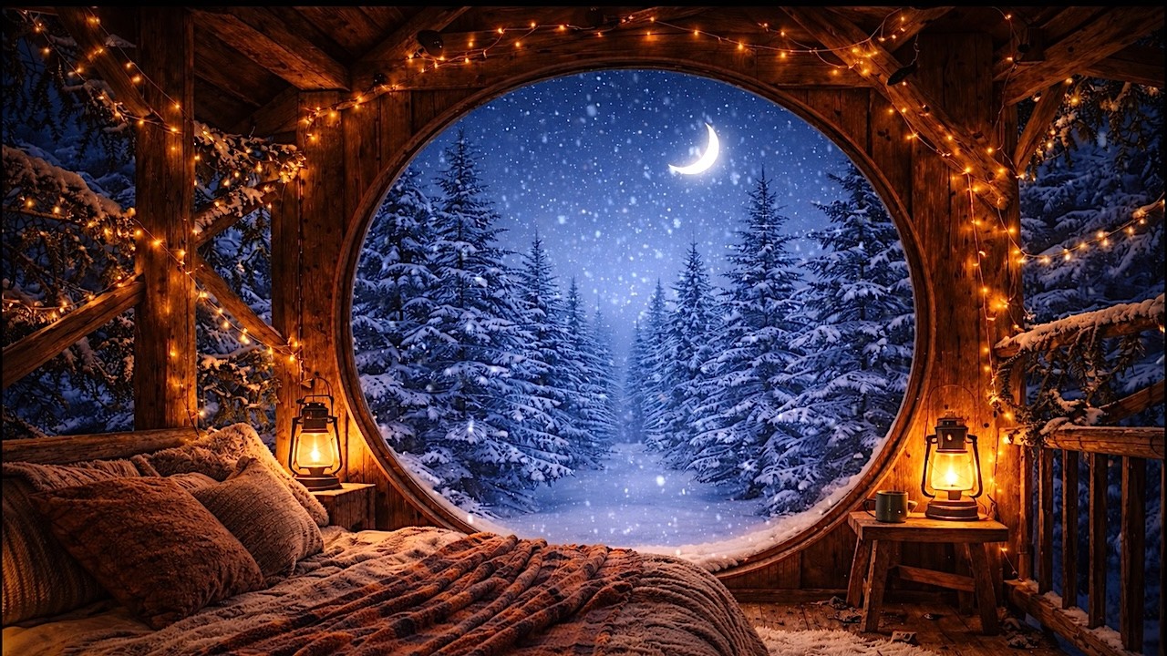 Snowy Treehouse Window ❄️ Cozy Winter Night Ambience (4K)
