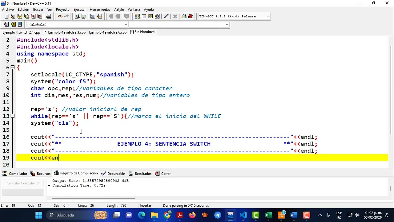 Ejemplo Sentencia switch y while C++