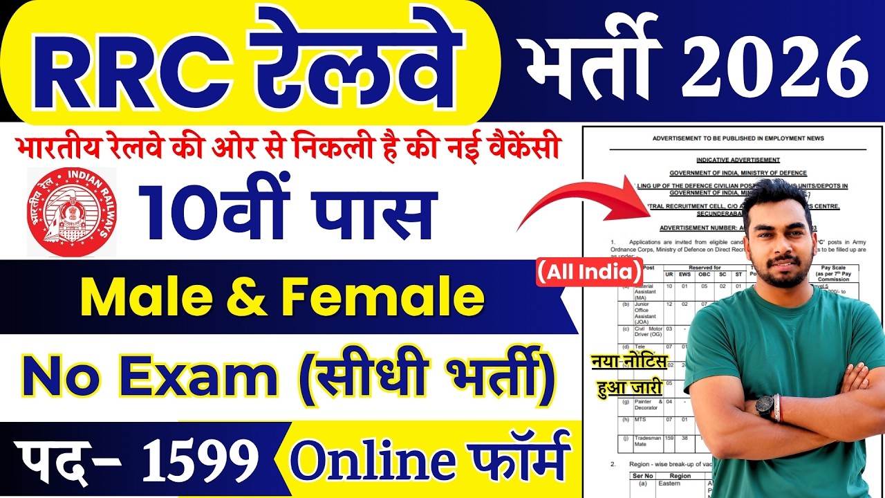 RRC Railway Recruitment 2026 Notification | Indian Railway New Vacancy 2026 |Bharti AUG | 10th Pass
