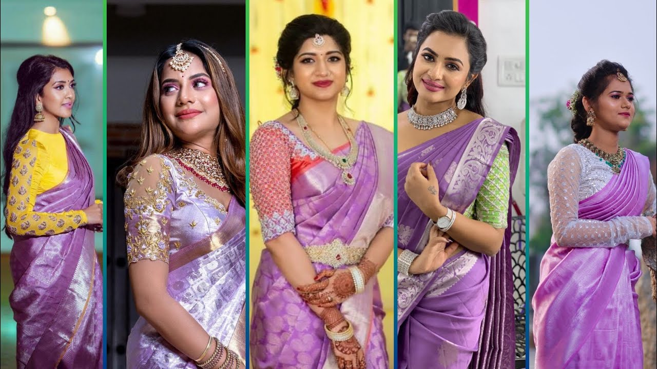 Lavender saree with contrast blouse designs