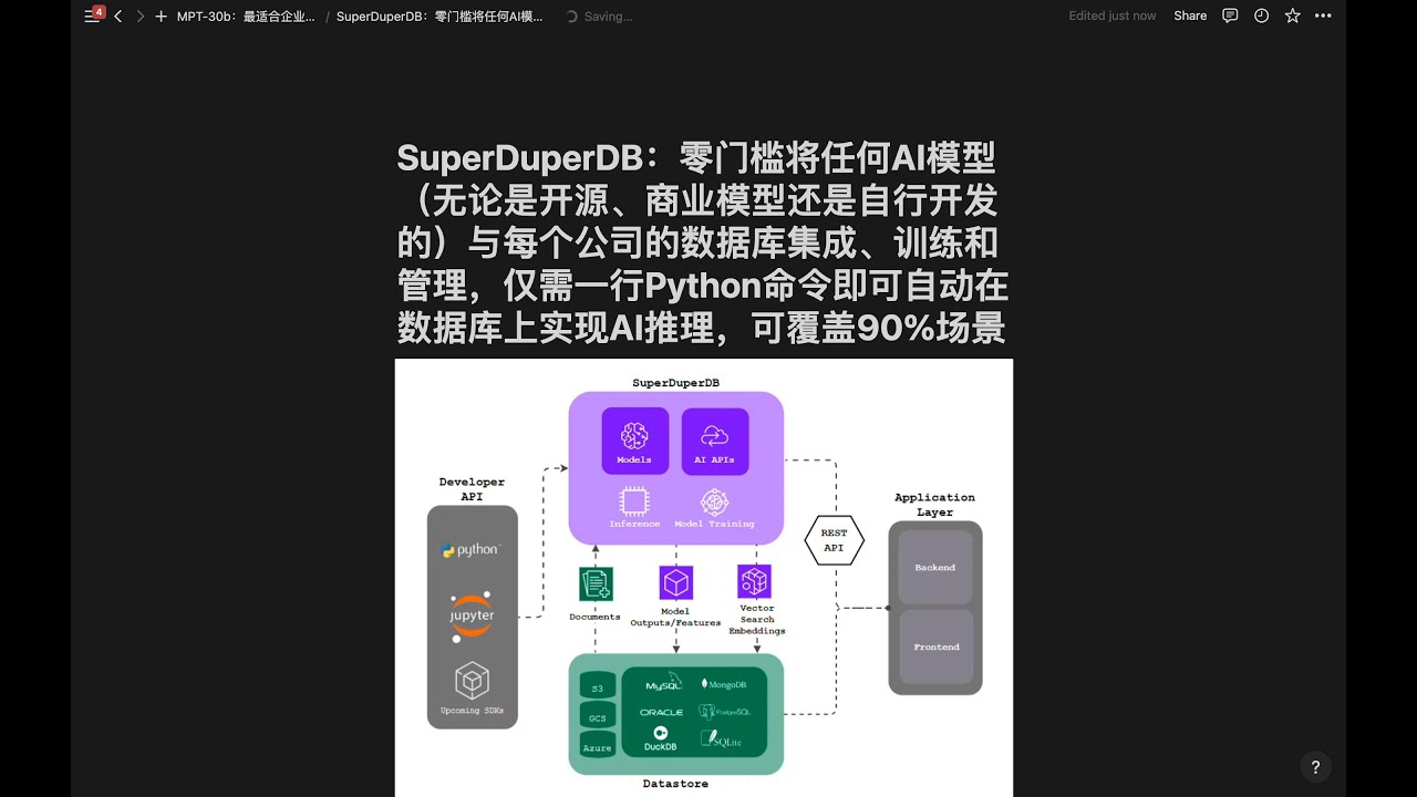 SuperDuperDB：零门槛将任何AI模型与每个公司的数据库集成、训练和管理，仅需一行Python命令即可自动在数据库上实现AI推理，可应用于多模态检索、电商评论情感分析等各种场景