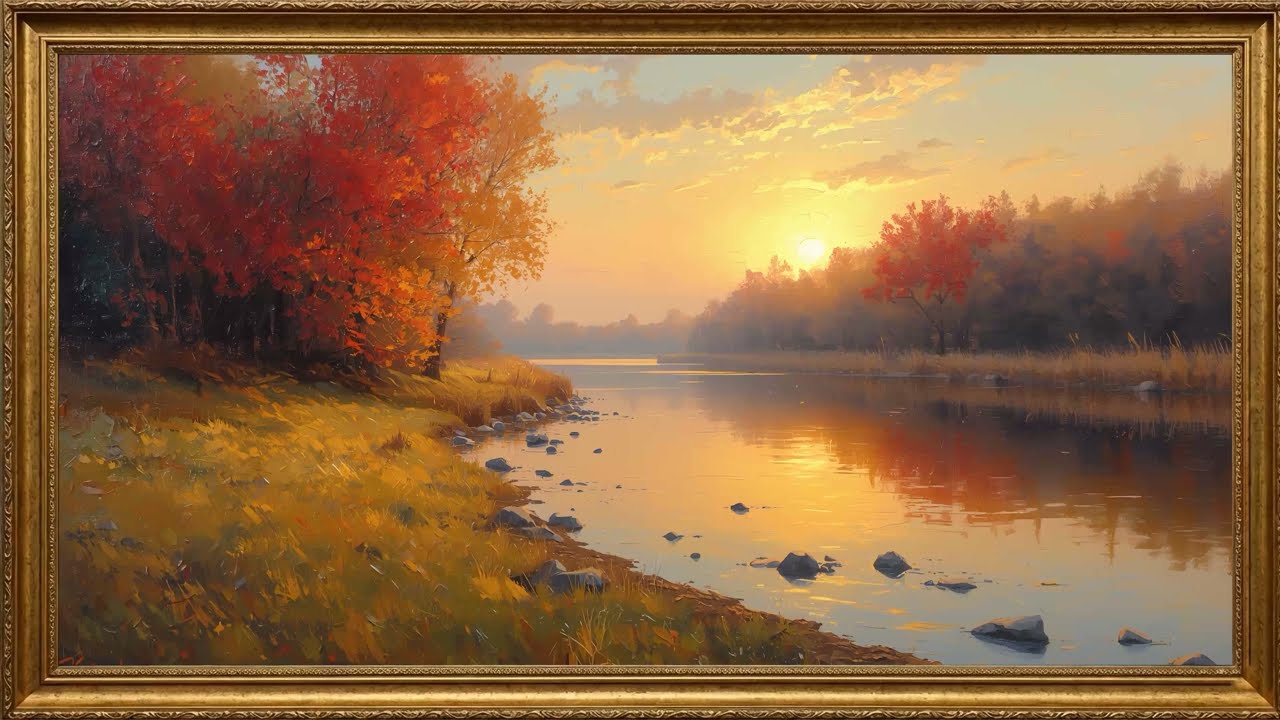 2 Hours Autumn River Reflection Painting | Peaceful Nature Oil Art | Gold Framed TV 4K Screensaver