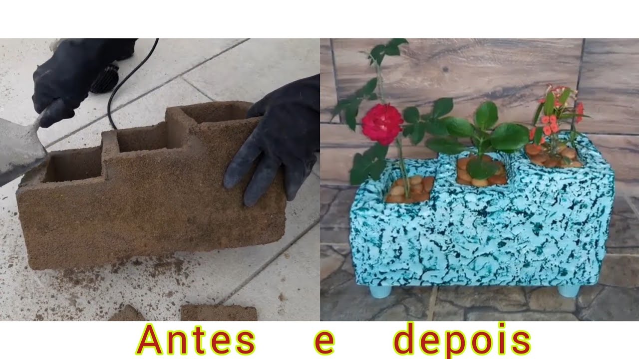 como fazer vaso triplo para plantas e flores com um bloco de concreto estrutural, ideia criativa