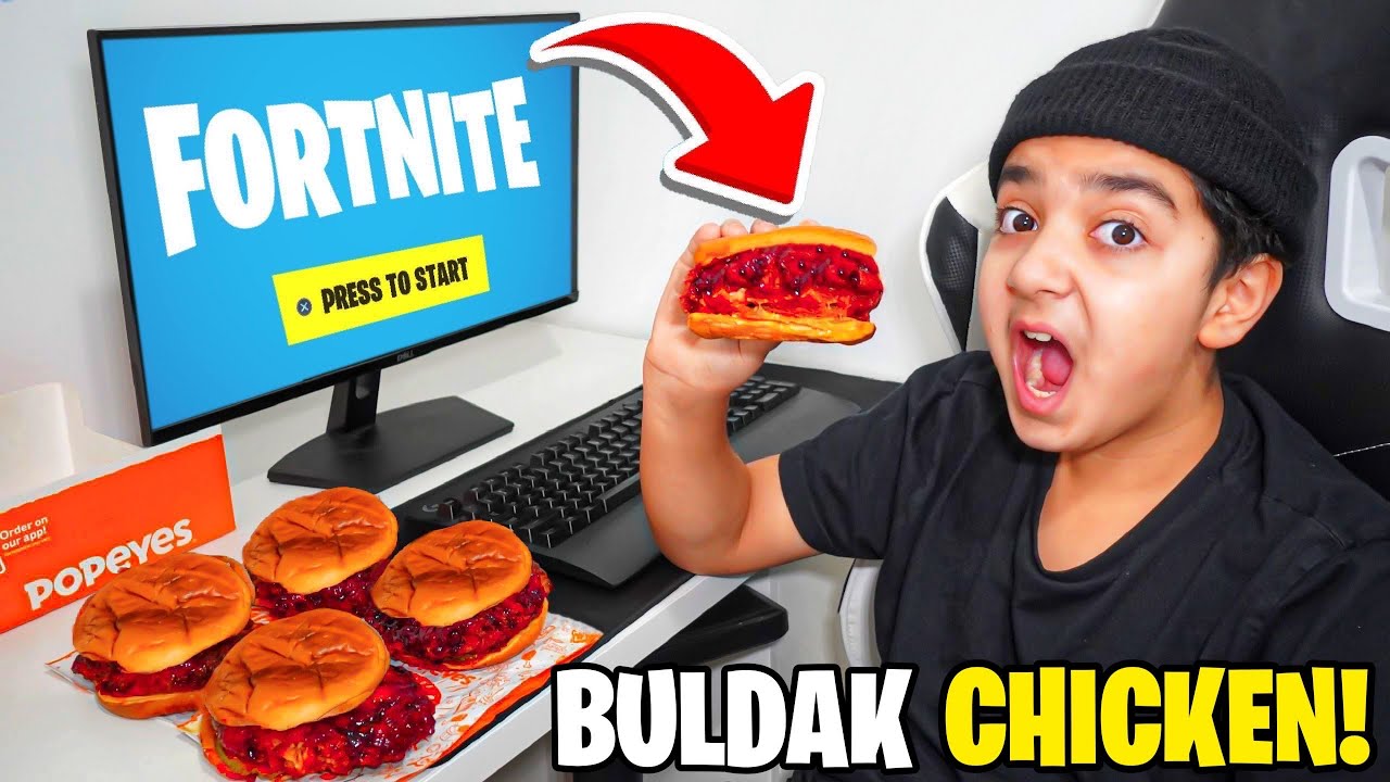 Ребенок ест сэндвич с курицей Булдак за каждое убийство в FORTNITE... (Попайз!)