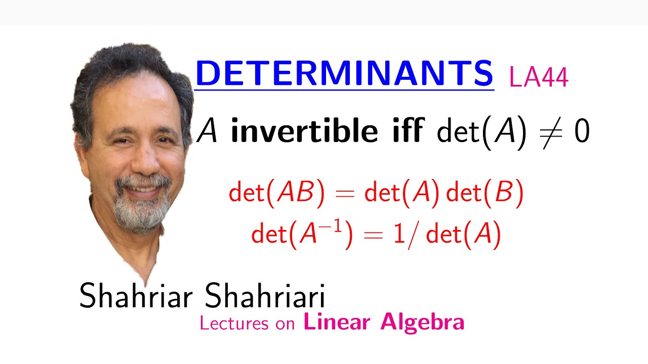 LA44 A invertible iff Det(A) not zero; Det(AB) = Det(A) Det(B)