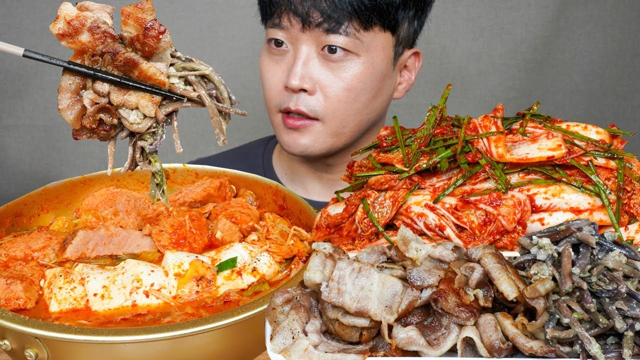 [와차밥] 스팸순두부찌개 대패삼겹살 겉절이 고사리나물 먹방 Korean Home Food ASMR MUKBANG REAL SOUND EATING