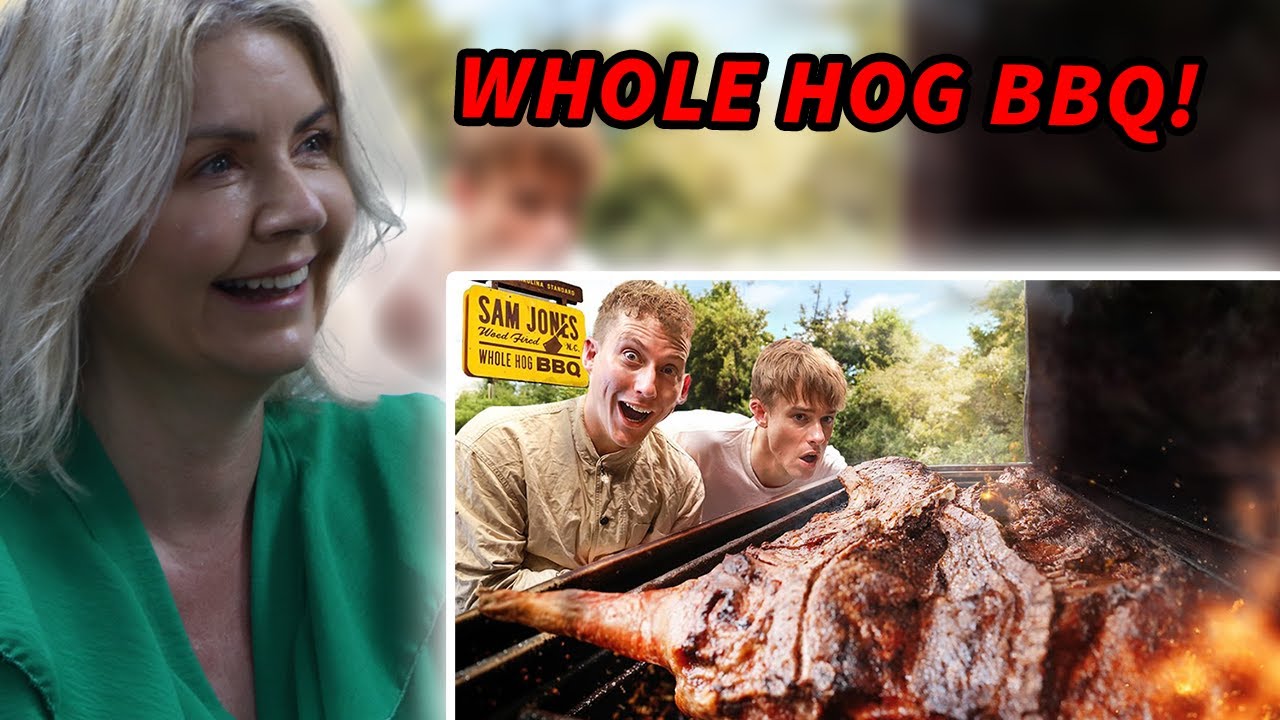 БРИТАНЦЫ Реагируют Британцы пробуют Whole Hog BBQ в Северной Каролине!