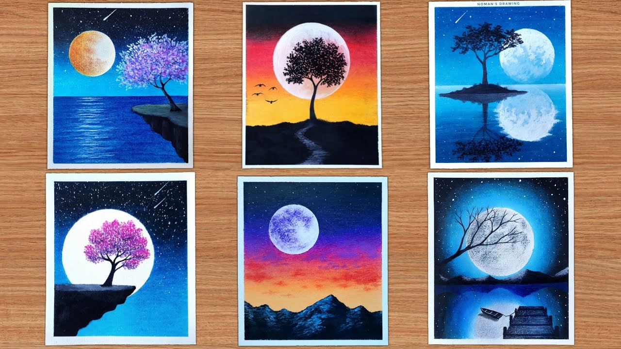 6 Easy Full Moon Oil Pastel Drawing || How to draw with oil pastel