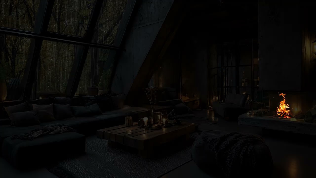 Watching Forest Rain | Quiet Fireplace Interior Enhanced by Slow Rainfall Outside the Window