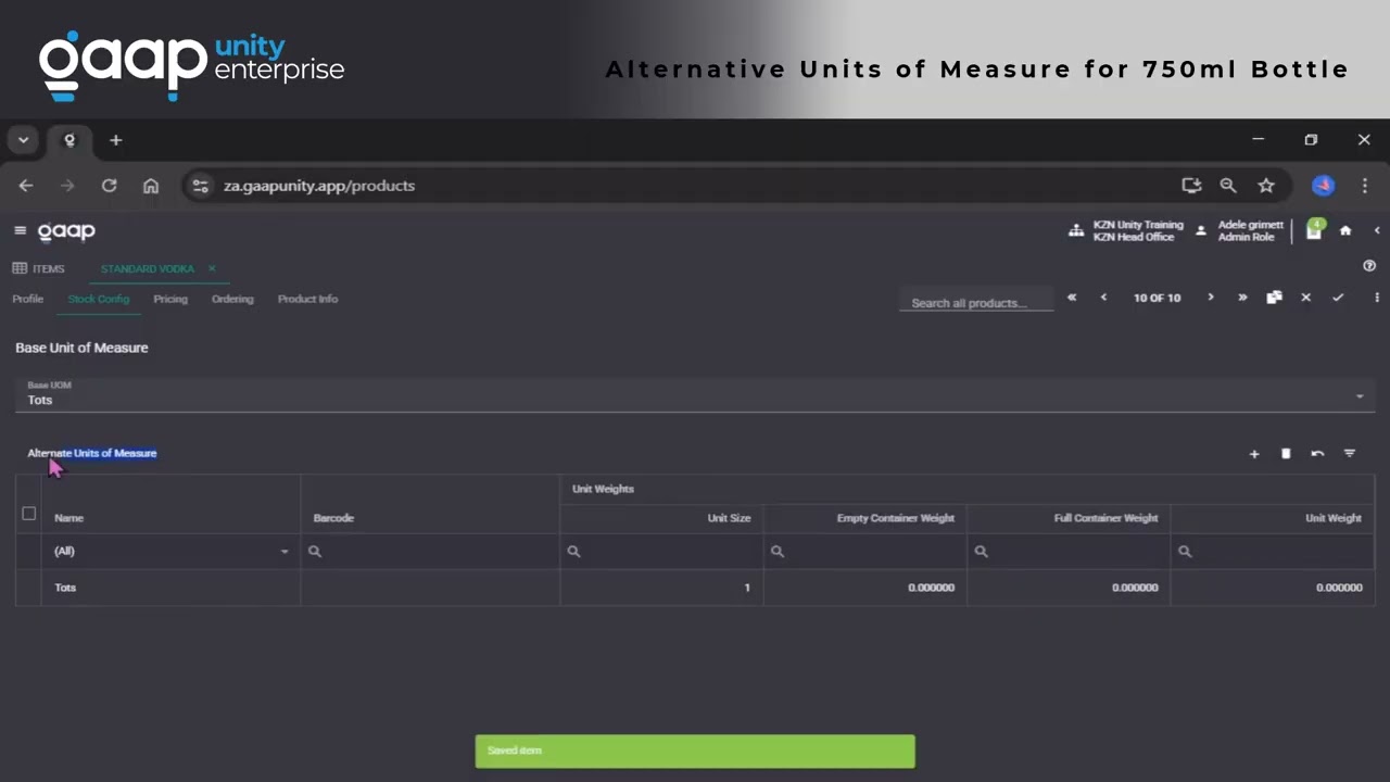 Unity - Alternative UOM for 750ml Bottle