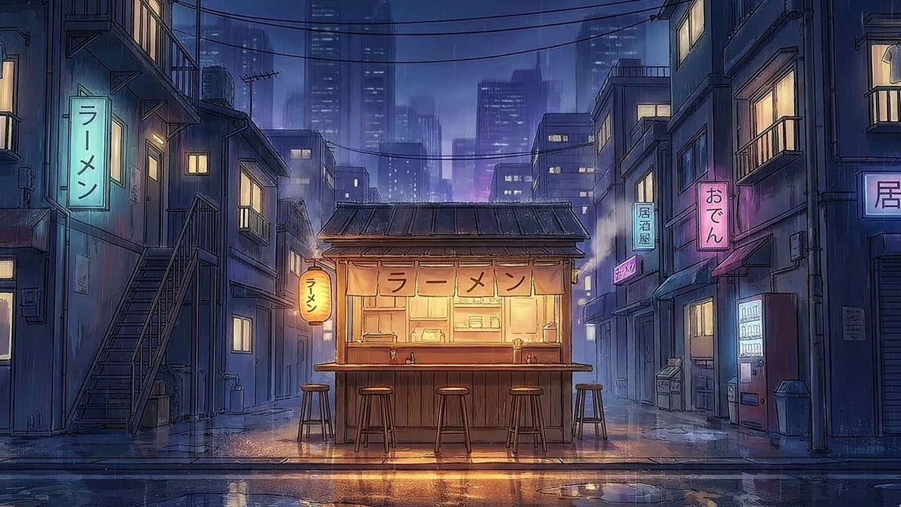 Late Night Tokyo Coffee Shop | Rainy Anime City Ambience