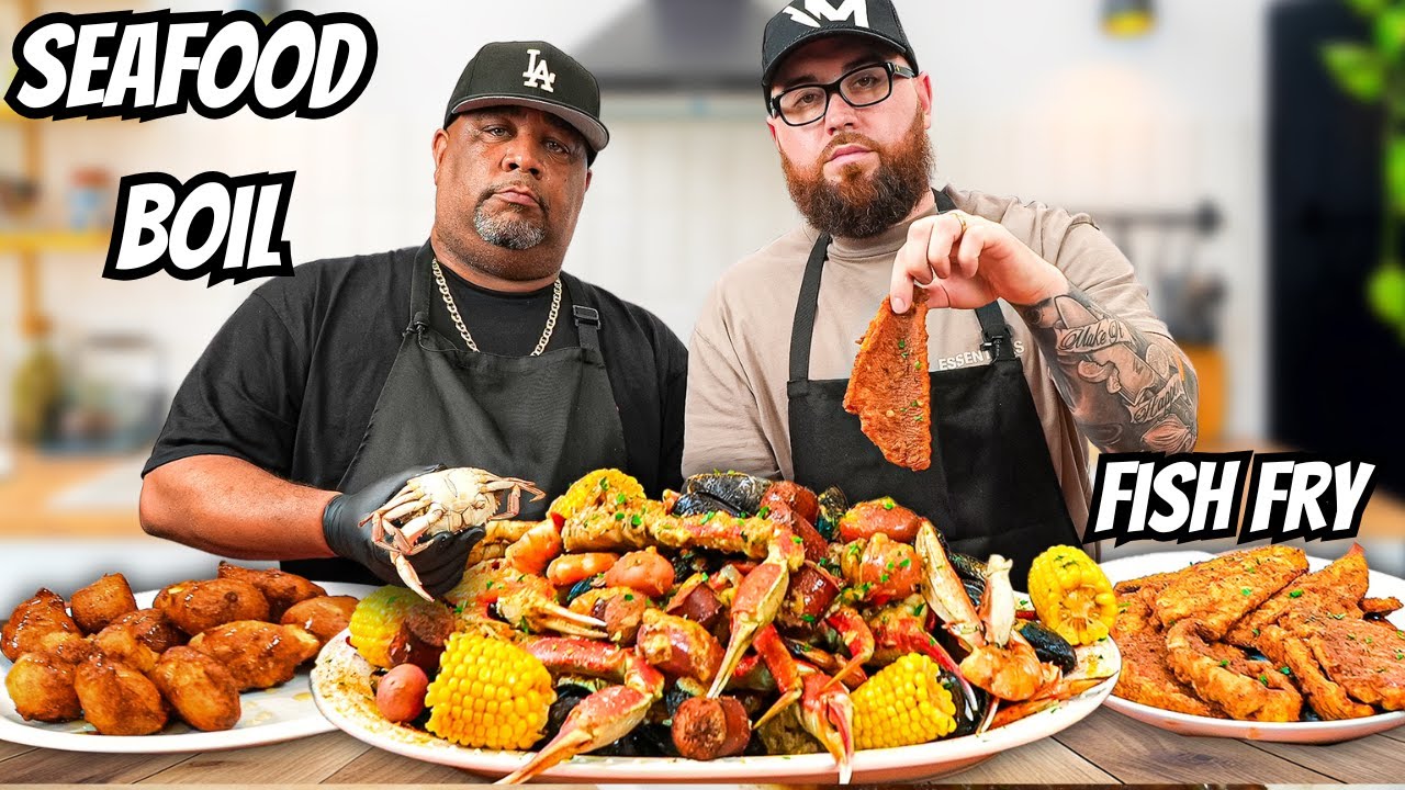 Seafood Boil FEAST w/ @SmokinandGrillinwithAB (Fish Fry and Hushpuppies too!)