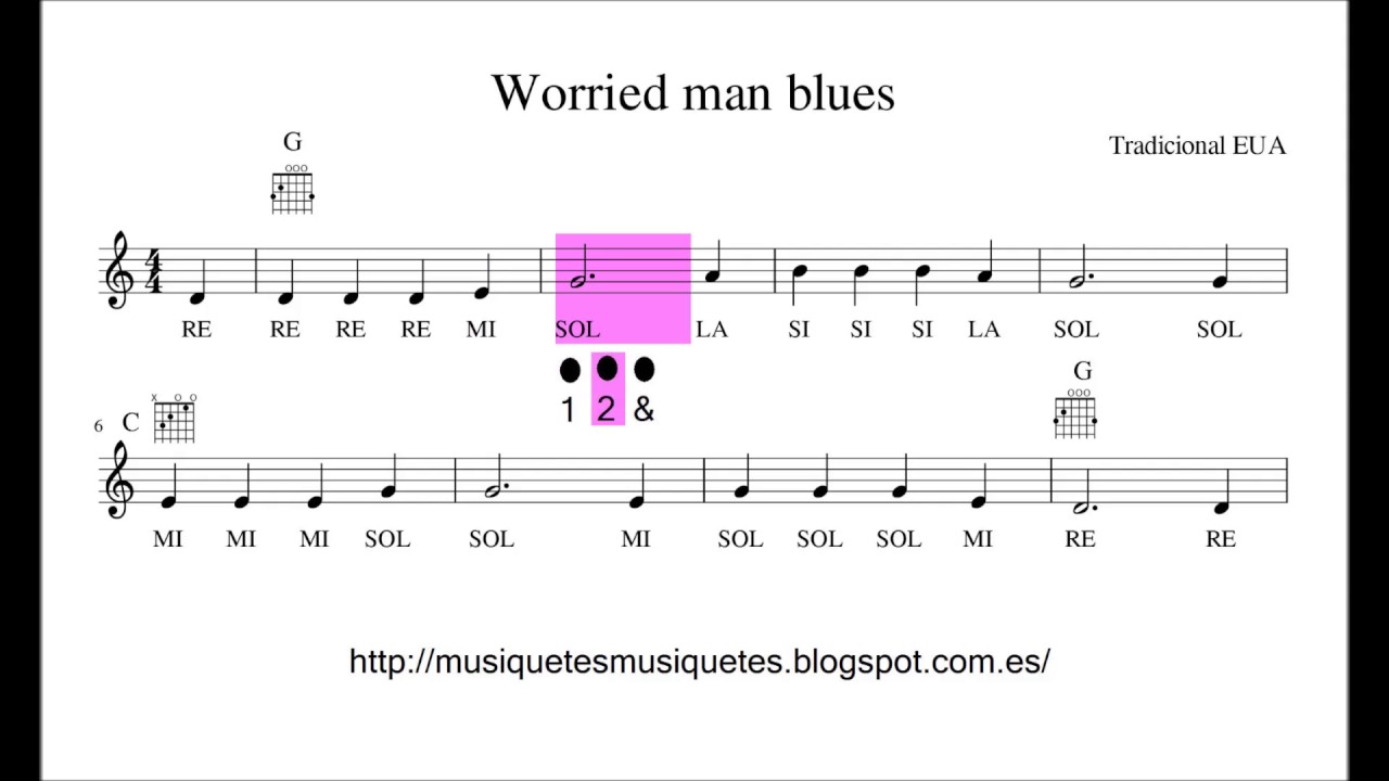 Worried man blues. Partitura fàcil per a flauta + playalong (C instrument, guitarra, violí...)