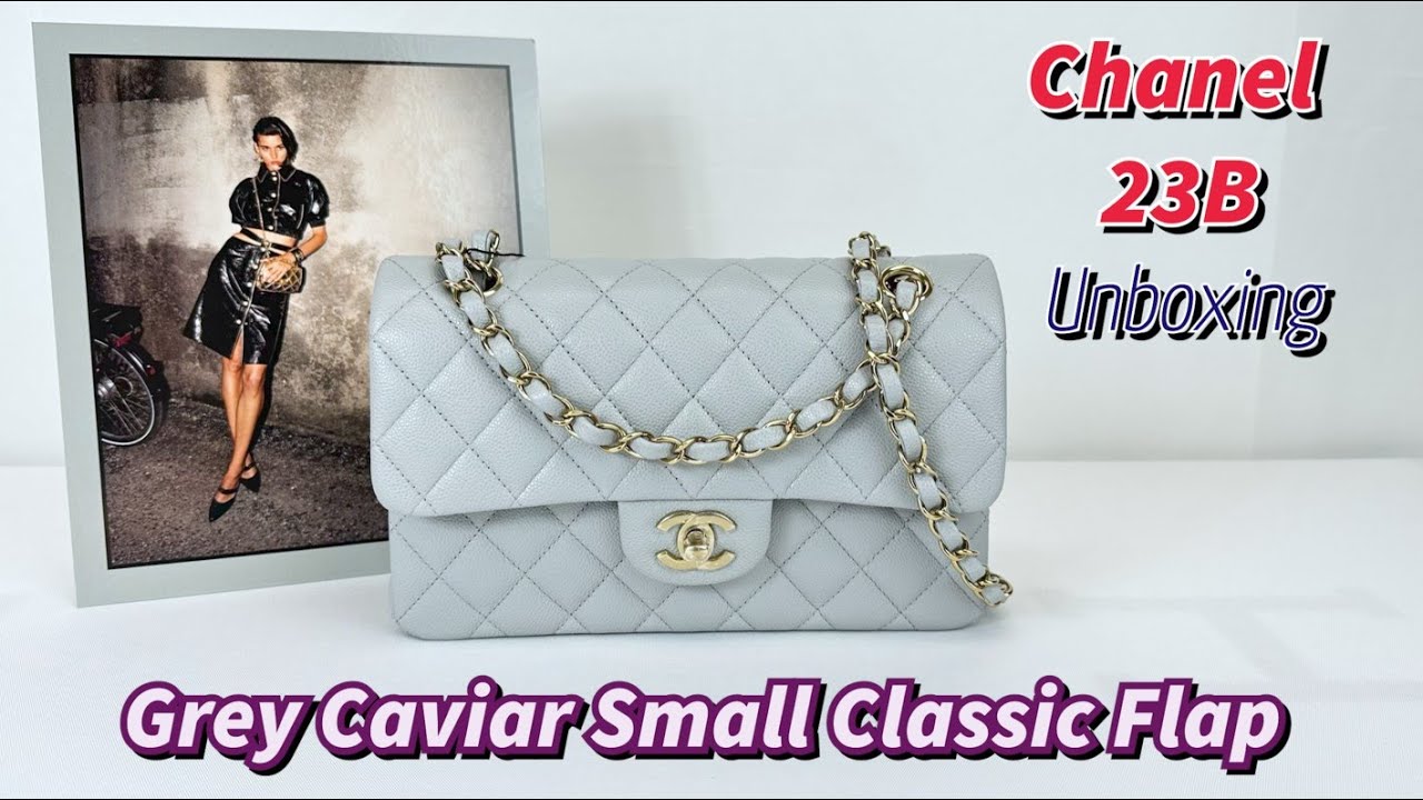 #chanel 23B Grey Caviar Small Classic Flap with Champagne Gold Hardware.