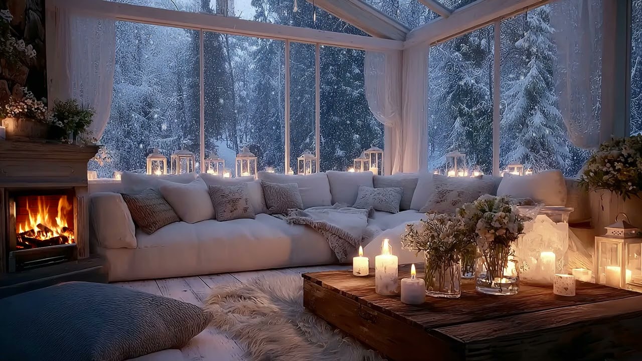 🌨️🎹 Calm Piano Music | Warm Fireplace Lounge & Snowfall Window | 3 Hours Relax & Focus
