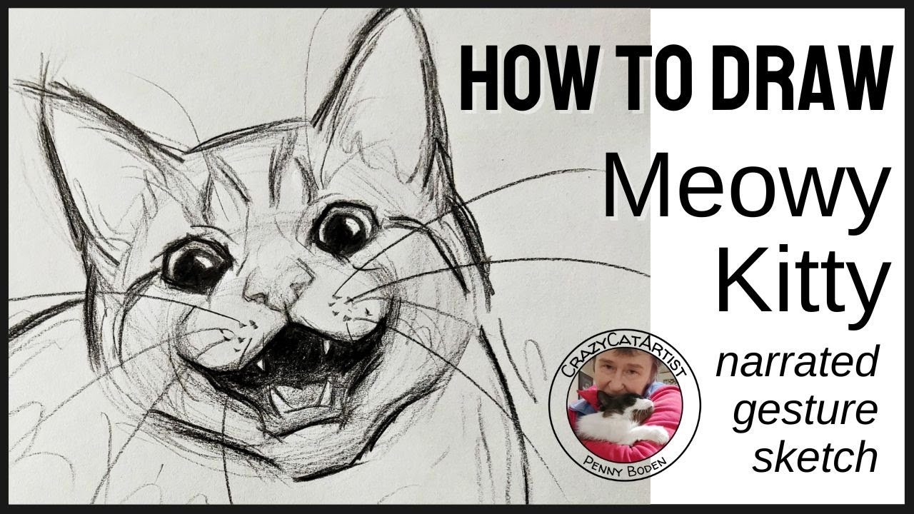 How to Draw Cat Meowing, face forward view head looking up, hungry, mouth open with smiley teeth