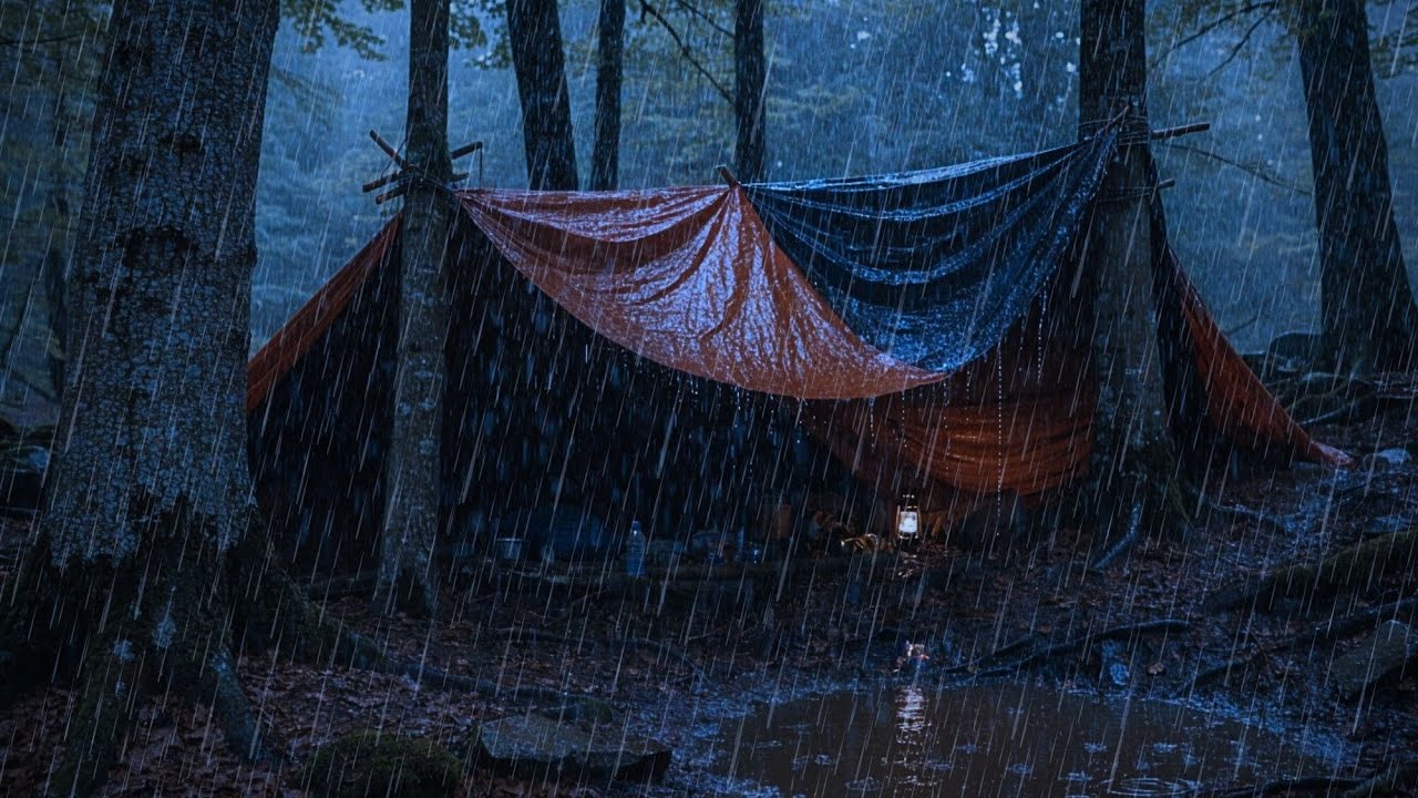 Sleeping in an Emergency Shelter Durin Heavy forest Rain 🌧️ Relaxing Rain ASMR