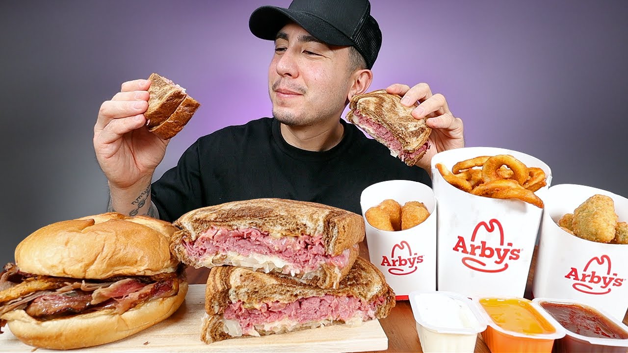 EATING Arby's Smokehouse Brisket Sandwich And Reuben Sandwich With Curly Fries Mukbang *real eating*