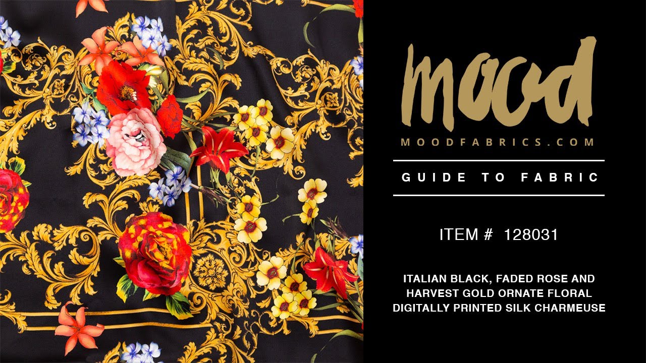 Mood Fabrics 128031 Italian Black, Faded Rose and Harvest Gold Ornate Floral Silk Charmeuse