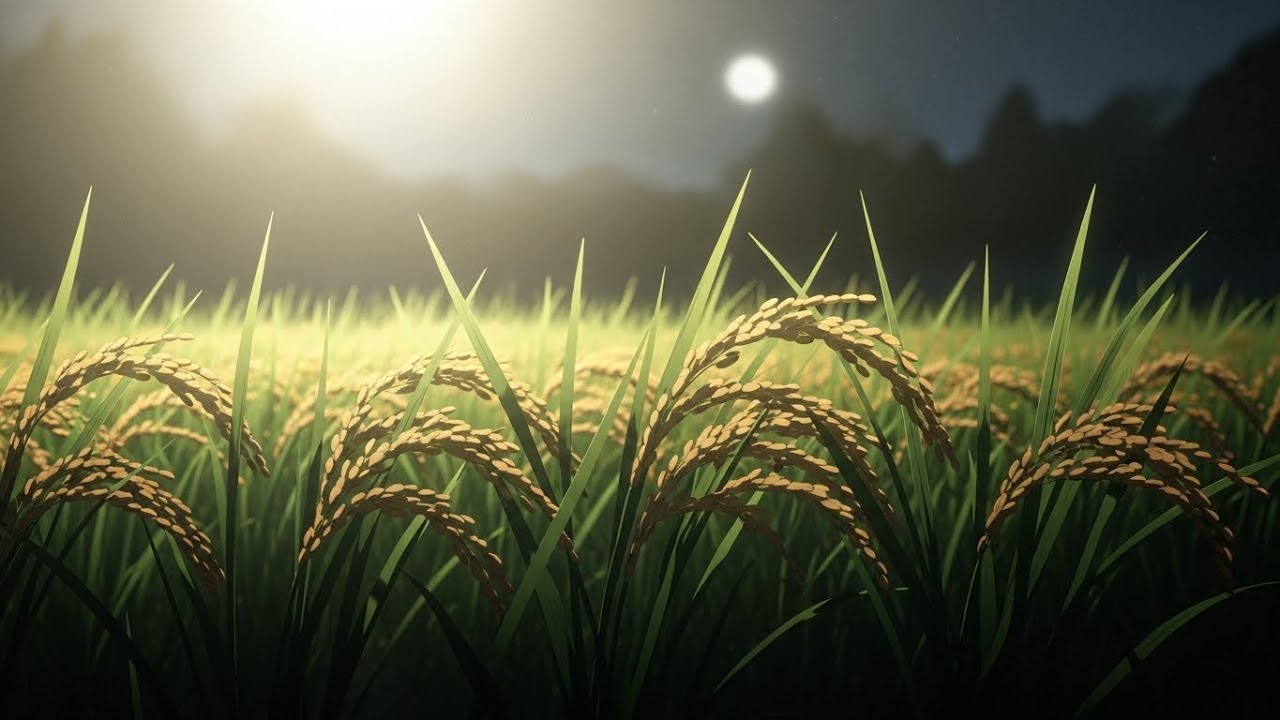 Moon Haze Chill Lofi Textures Flowing Slow Across Rice Fields Lit Softly By Midnight Light