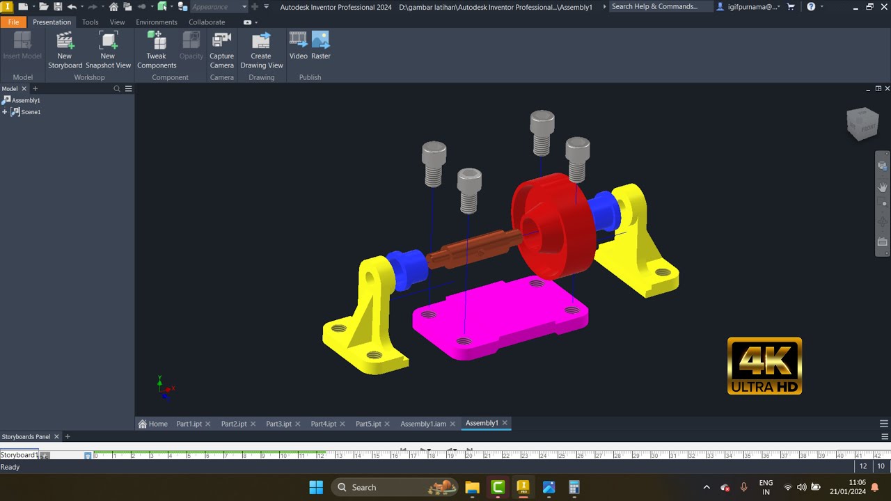 Autodesk Inventor 2024 | Assembly Belt Roll Support  dan Presentation | bahasa indonesia | 4k 60fps