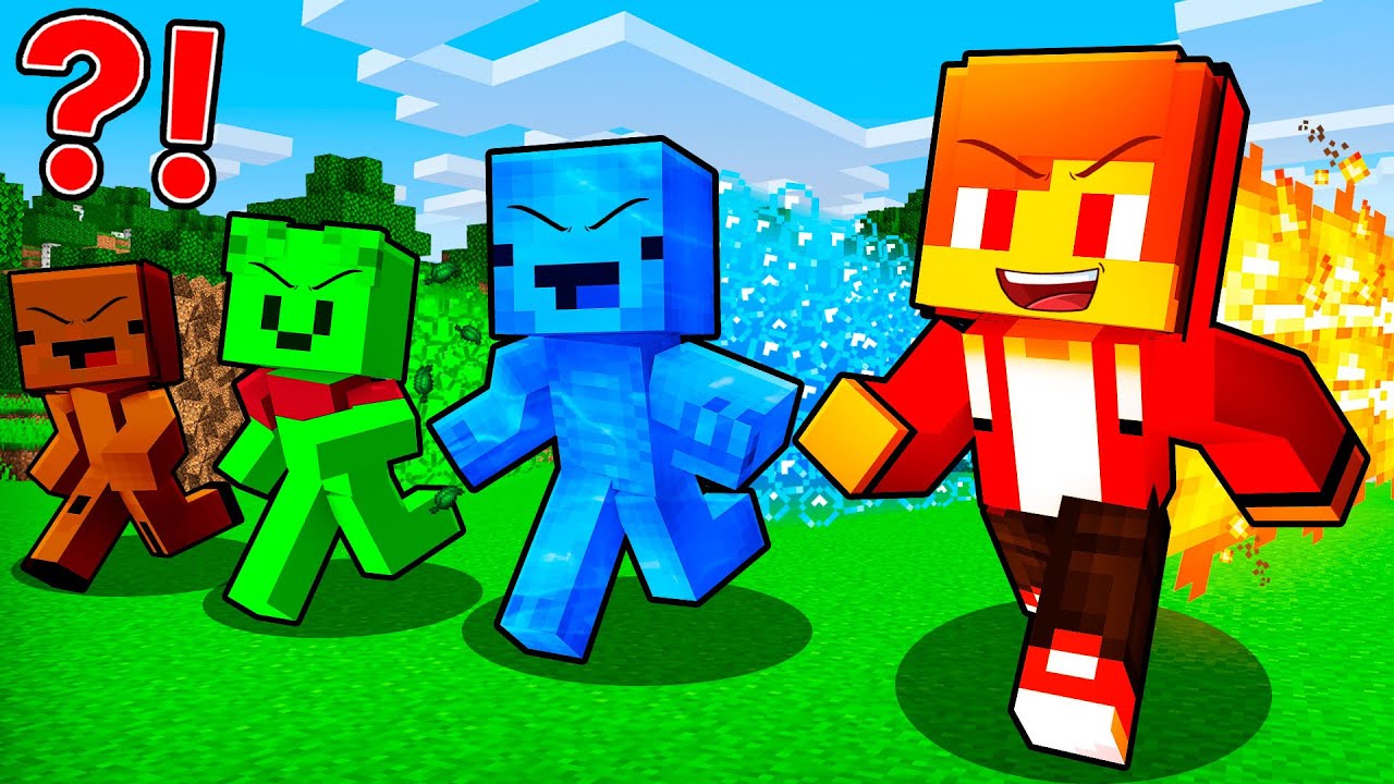 JJ Fire vs Mikey Water vs Carrie Grass vs BananaKid Dirt Elemental Battle - Maizen (Minecraft)