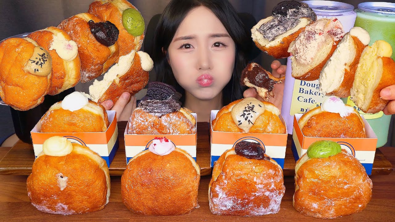 Жевательный и влажный Десерт🥯 ПОНЧИКИ С ЗАВАРНЫМ КРЕМОМ АСМР МукбангㅣDessert Donut Mukbang