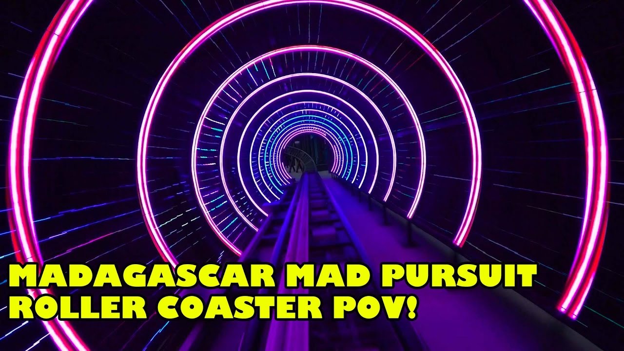 Madagascar Mad Pursuit Roller Coaster Front Seat POV Low Light Motiongate Dubai #rollercoaster