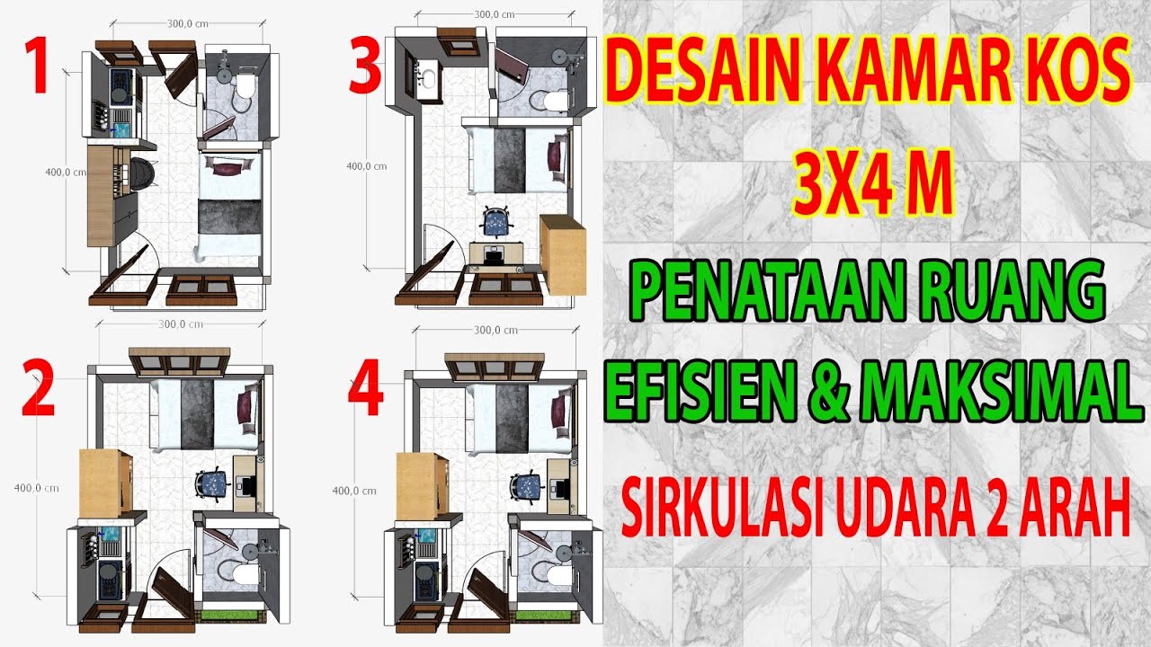 DESAIN DENAH RUANG KOS KOSAN 3X4 M || 5 VERSI Dengan Mengutamakan Sirkulasi Udara